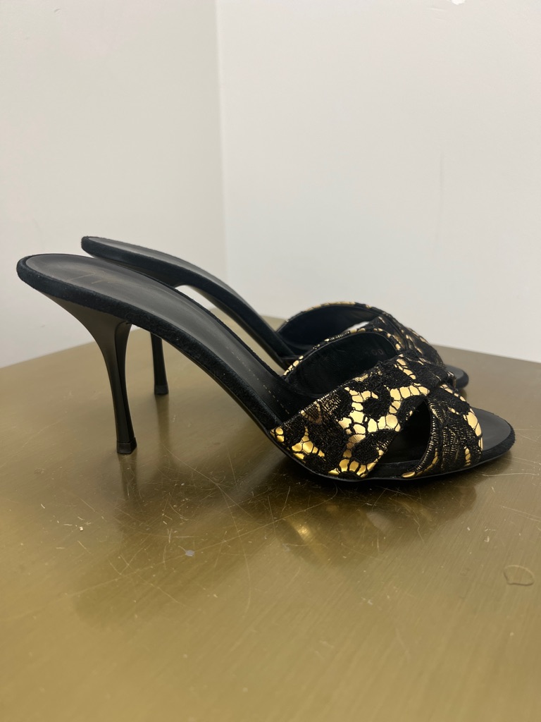 Giuseppe Zanotti Black Lace And Gold Slip-On Stiletto Mules